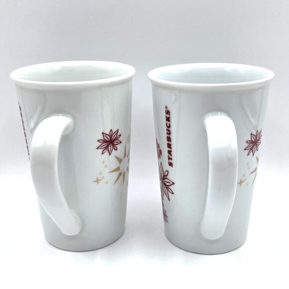 2013 Holiday STARBUCKS Set of 2 Snowflake Christmas Coffee Red Gold Mug 12 oz. - Picture 4 of 9